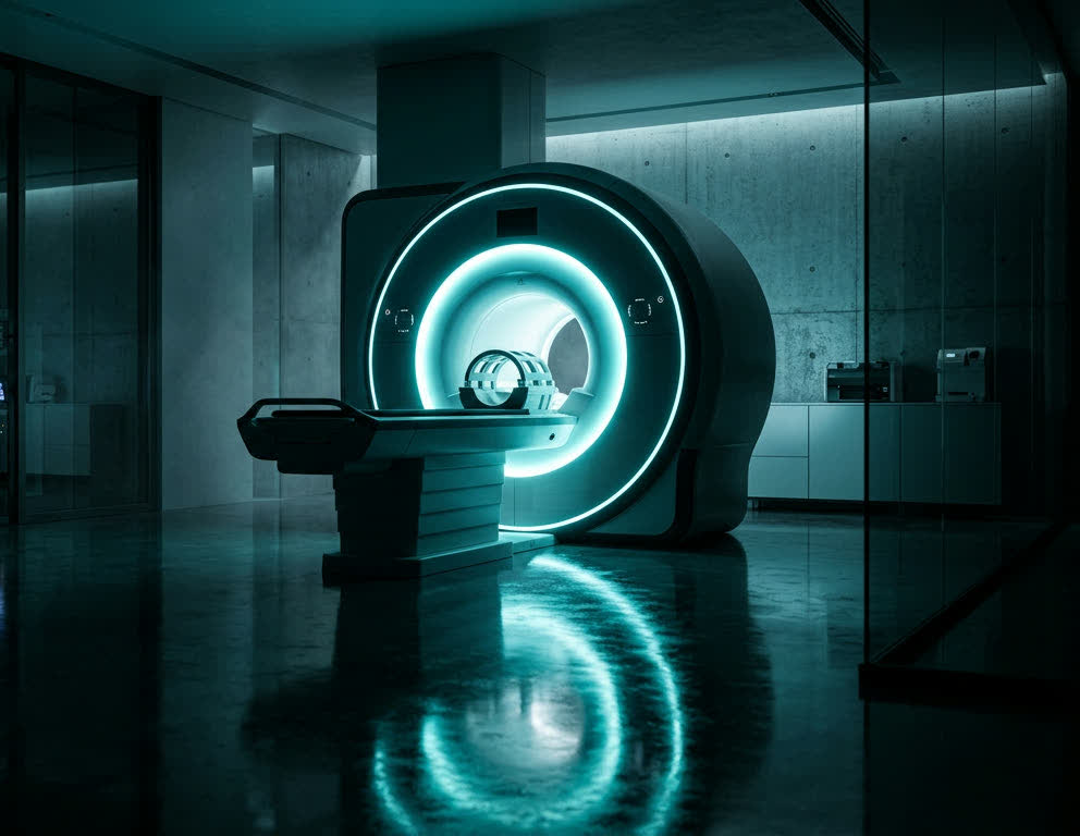 Modern MRI scanner glowing cyan inside a darkened imaging suite